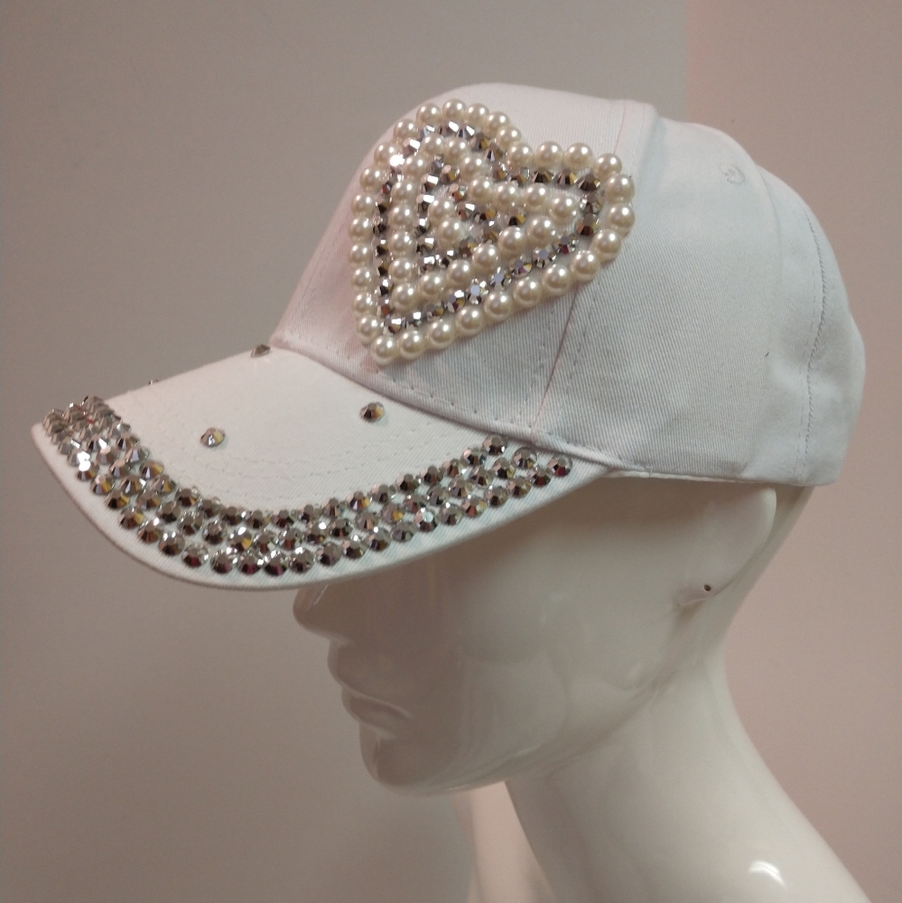 Baseball Cap Heart Diva Bling White Faux Pearl Silver-tone Studs Adjustable